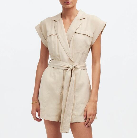 NWT Madewell Tie-Waist Linen Blend Romper In Summer Dune Tan Size 6 - Picture 1 of 12